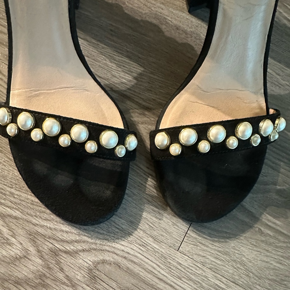 Stuart Weitzman nearlynude nudist more pearls chunky heel black suede 7 - Picture 3 of 12